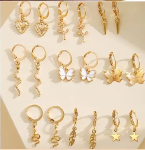  Vintage Gold Huggie Hoop Earring Set with Dangle Charms